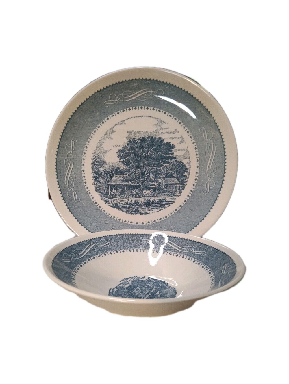 Royal China Currier & Ives USA Blue Transferware 12" Platter & Veggie Bowl 1930